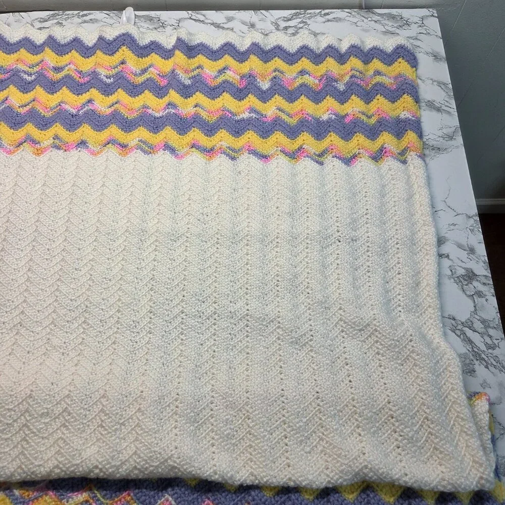 Handmade Yellow Purple Striped Crocheted Easter Baby Blanket